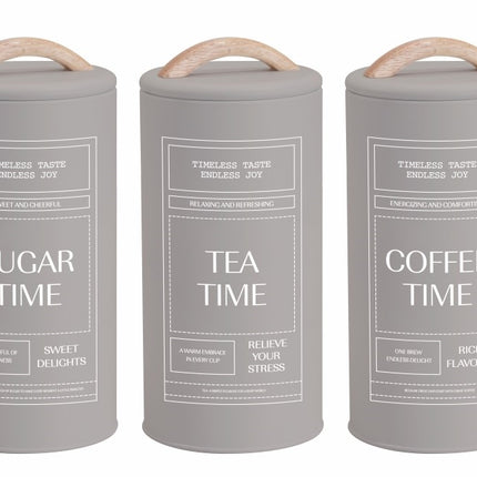 Set 3 Almond Cream Metal Coffee Tea Sugar Storage Tins 11x19cm.