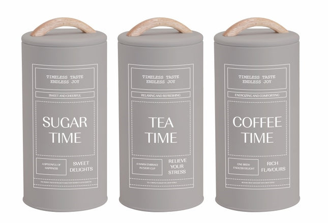 Set 3 Almond Cream Metal Coffee Tea Sugar Storage Tins 11x19cm.