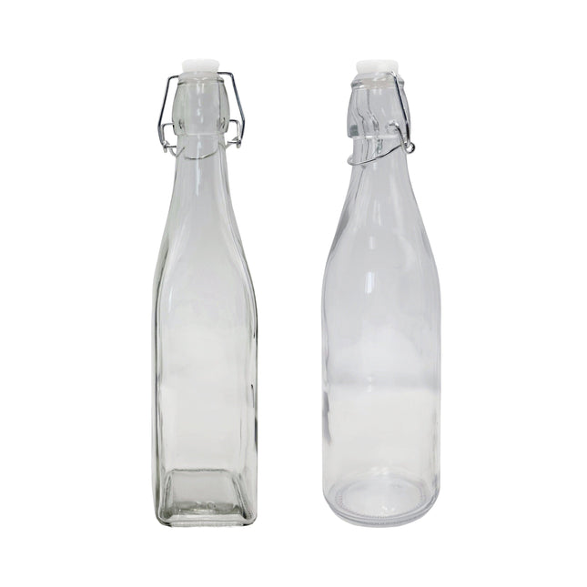 bulk 24 Clear Glass Bottle w Clip Lid 500ml 2 Asst 27cm.