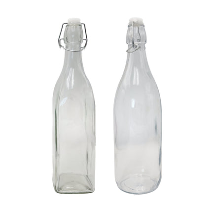 bulk 12 Clear Glass Bottle w Clip Lid 1Lt 2 Asst 32cm.