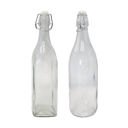 bulk 12 Clear Glass Bottle w Clip Lid 1Lt 2 Asst 32cm.