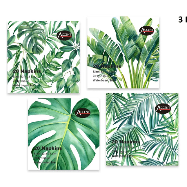 bulk 960 Tropical Leaves 3ply Napkin 4 Asst 33cm.