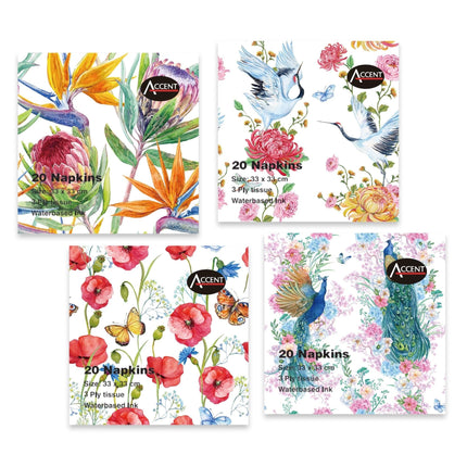 bulk 960 Garden Dreams Napkins 2Ply 4 Assorted 33cm.