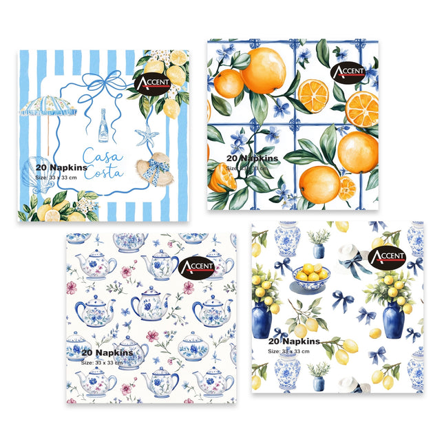 bulk 960 Casa Costa Napkins 2Ply 4 Asst 33cm.