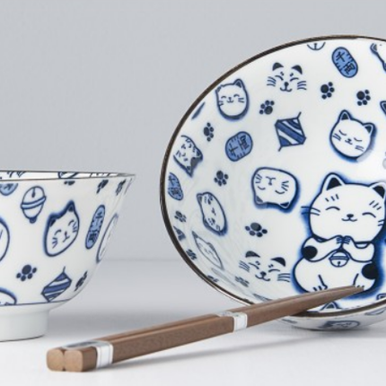 Bowl Set 2pcs with Chopsticks Maneki Cat Blue Design.