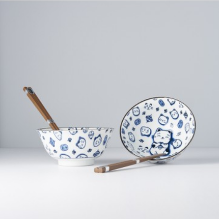 Bowl Set 2pcs with Chopsticks Maneki Cat Blue Design.