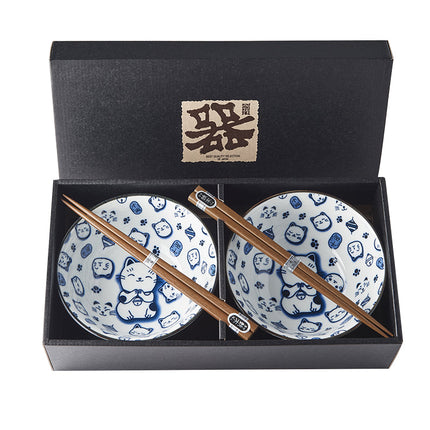 Bowl Set 2pcs with Chopsticks Maneki Cat Blue Design.