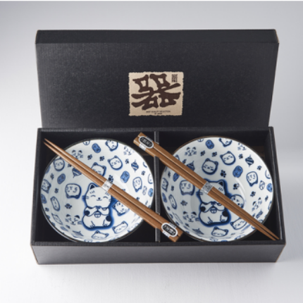 Bowl Set 2pcs with Chopsticks Maneki Cat Blue Design.