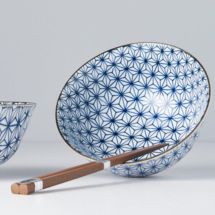 Bowl Set 2pcs with Chopsticks Starburst Blue Design.