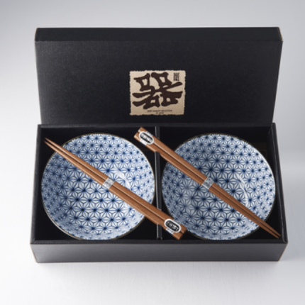 Bowl Set 2pcs with Chopsticks Starburst Blue Design.
