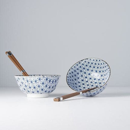Bowl Set 2pcs with Chopsticks Starburst Blue Design.
