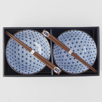 Bowl Set 2pcs with Chopsticks Starburst Blue Design.