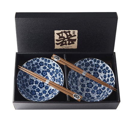 Bowl Set 2pcs with Chopsticks Blue Plum Design.