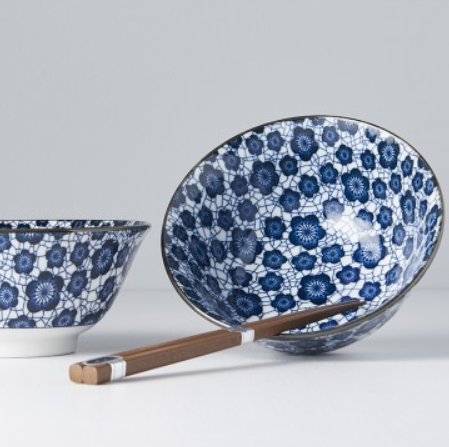 Bowl Set 2pcs with Chopsticks Blue Plum Design.