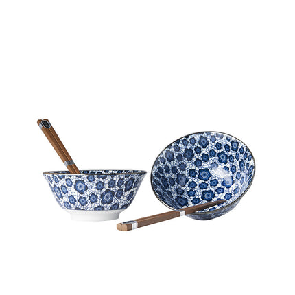 Bowl Set 2pcs with Chopsticks Blue Plum Design.