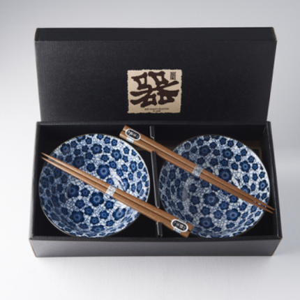 Bowl Set 2pcs with Chopsticks Blue Plum Design.