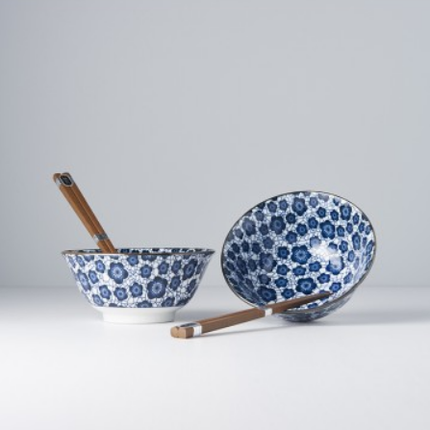 Bowl Set 2pcs with Chopsticks Blue Plum Design.