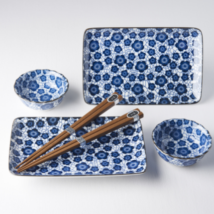 Sushi Set for Two with Chopsticks Black Blue Plum Design.