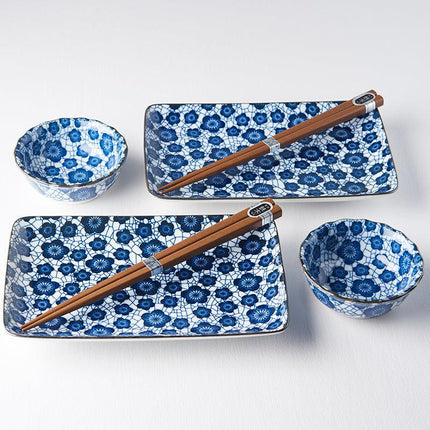 Sushi Set for Two with Chopsticks Black Blue Plum Design.