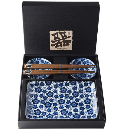 Sushi Set for Two with Chopsticks Black Blue Plum Design.
