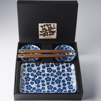 Sushi Set for Two with Chopsticks Black Blue Plum Design.
