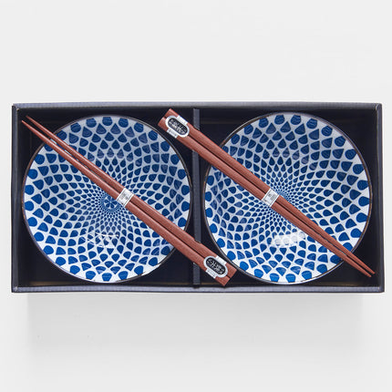 Bowl Set 2pcs with Chopsticks White Blue Teardrops Design.