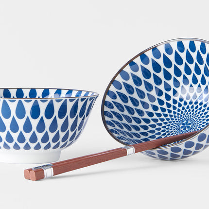 Bowl Set 2pcs with Chopsticks White Blue Teardrops Design.