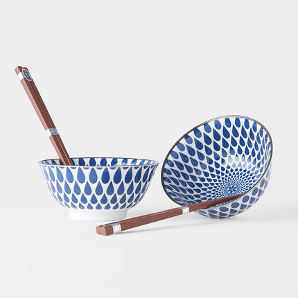 Bowl Set 2pcs with Chopsticks White Blue Teardrops Design.