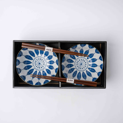 Bowl Set 2pcs with Chopsticks Indigo Sunflower Design.