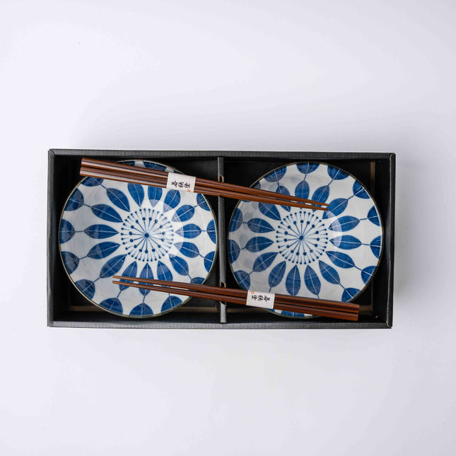 Bowl Set 2pcs with Chopsticks Indigo Sunflower Design.