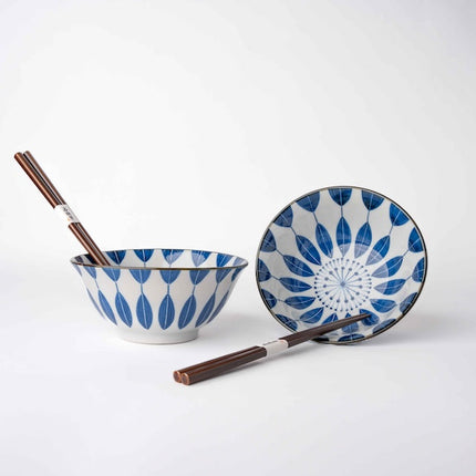 Bowl Set 2pcs with Chopsticks Indigo Sunflower Design.