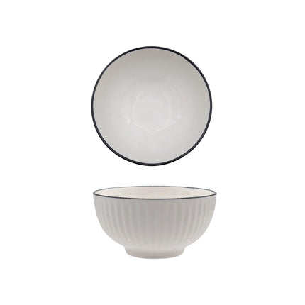 bulk 24 Sorrento Porcelain Embossed Rice Bowl w Black Rim 4.5" 11cm.