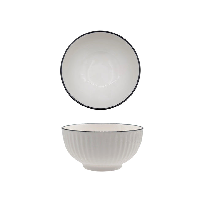 bulk 24 Sorrento Porcelain Embossed Rice Bowl w Black Rim 4.5" 11cm.
