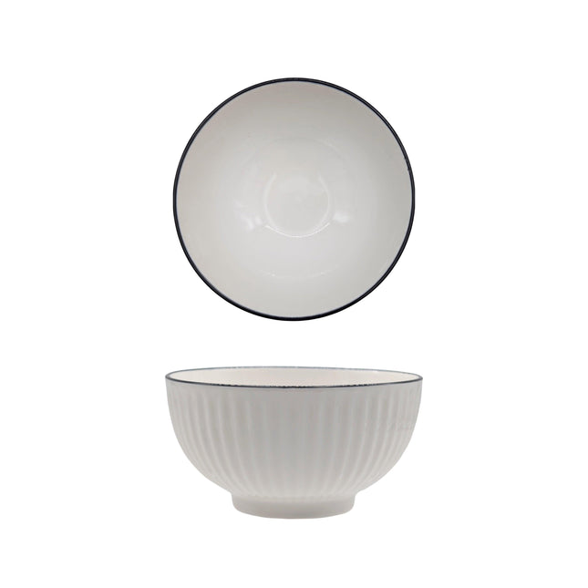 bulk 24 Sorrento Porcelain Embossed Rice Bowl w Black Rim 5" 12cm.