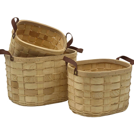 Set 3 Plywood Hand Woven Rectangular Baskets 38cm, 33cm, 28cm.