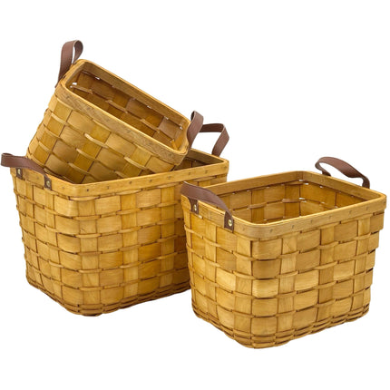 Set 3 Plywood Hand Woven Rectangular Baskets 36cm, 31cm, 27cm.