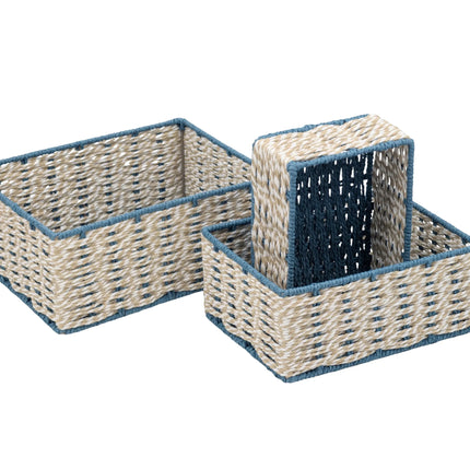 Bulk 4 Blue & Natural Paper Rope Storage Basket s/3 32x25x14h