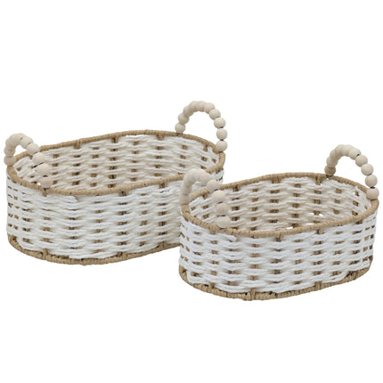 Bulk 6 Natural & White Paper Rope Basket W Bead Handle 30x20x10/16h