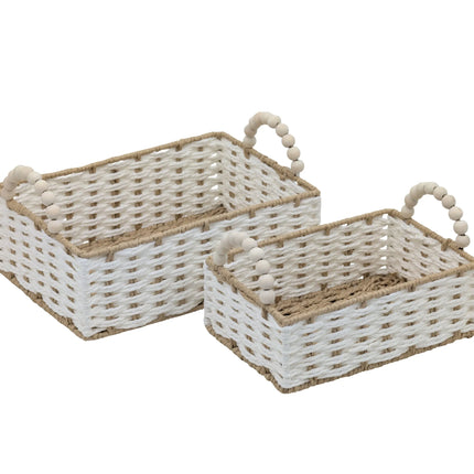 Bulk 6 Natural & White Paper Rope Basket W Bead Handle 31x21x11/17h
