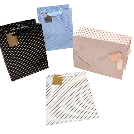 bulk 24 Medium Foil Stripe Gift Bag Assort 23cm.