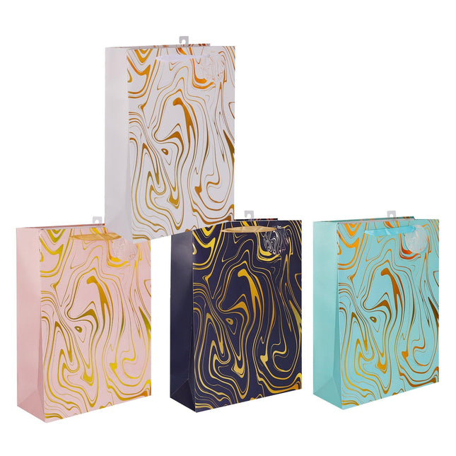 bulk 24 Medium Marble Flow Gift Bag Foiled 4 Assorted 18x23cm.