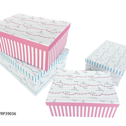 Bulk 2 Happy Birthday Stripe Gift Box Set 18 43x34x16cm 2 Asst Cols