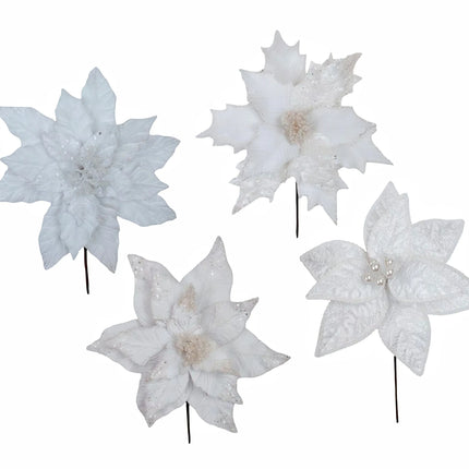 Bulk 36 Xmas White Poinsettia Pick d27-30x30cm 4 Asst