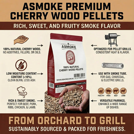 ASMOKE 100% Natural Cherry Wood BBQ Smoker Pellets (9kg / 20lbs).
