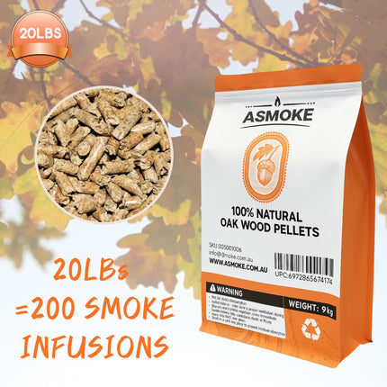 ASMOKE 100% Natural Premium Oak Wood BBQ Pellets for Smoker & Grill (9kg / 20lbs).