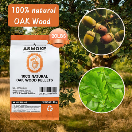 ASMOKE 100% Natural Premium Oak Wood BBQ Pellets for Smoker & Grill (9kg / 20lbs).