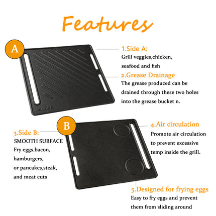 ASMOKE Pre-Seasoned Matte Enamel Cast Iron Reversible Grill/Griddle.