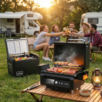 ASMOKE Essential Portable Wood Pellet Grill & Smart Smoker with 47L Premium Mini Fridge Bundle.