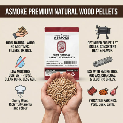 ASMOKE 19kg (40lbs) Premium Cherry Wood BBQ Smoker Pellets Bulk Bundle (8 x 2.27kg Bags).