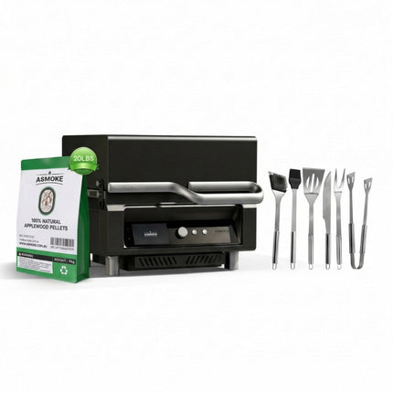 ASMOKE Essential Portable Smart Wood Pellet Grill Smoker & 6pc BBQ Tool Set + 20lb Applewood Pellets Bundle.
